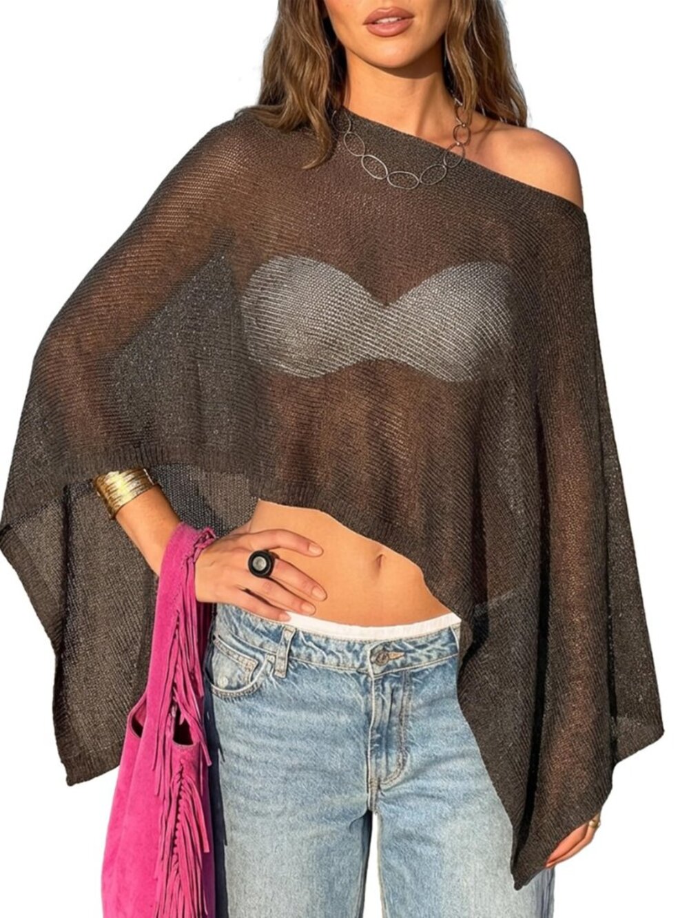 Women's Sheer Poncho Tops Lightweight Shrug Pullover Knit Bolero Sweater Cover